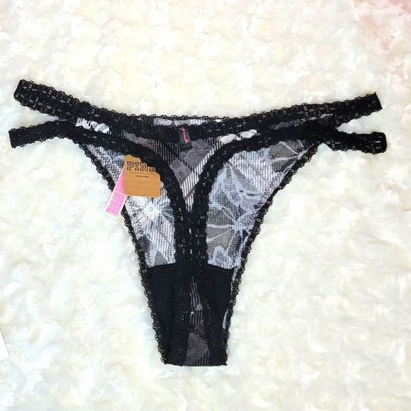 NWT 2PC PINK VICTORIA SECRET BRALETTE LACE THONG BLACK WHITE PLAID BANDANA SMALL - Picture 4 of 12